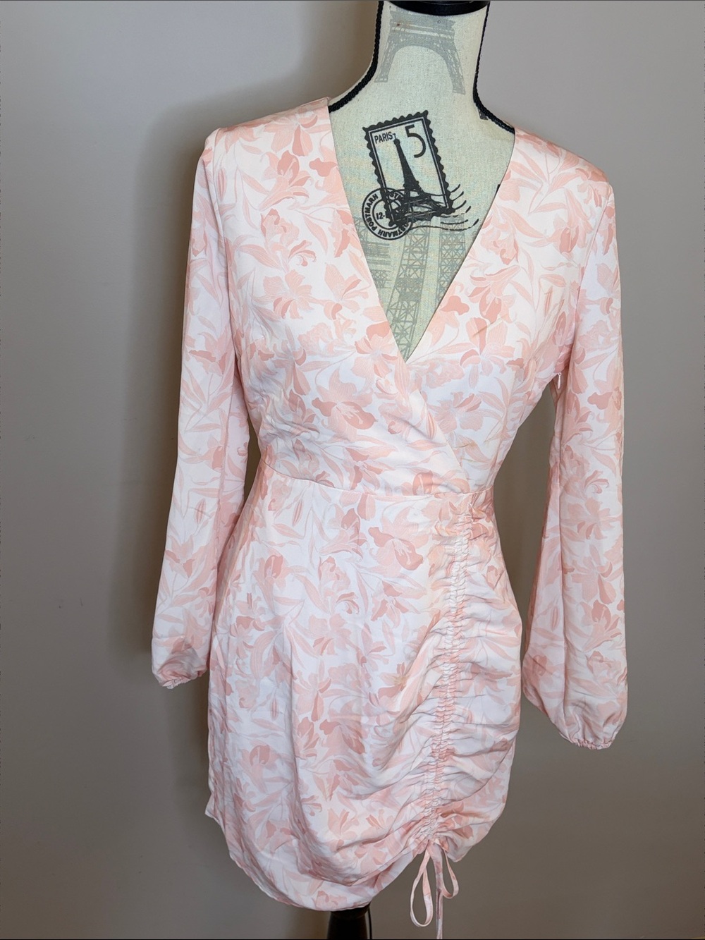 Sage The Label Pink Floral Long Sleeve Ruched Mini Dress